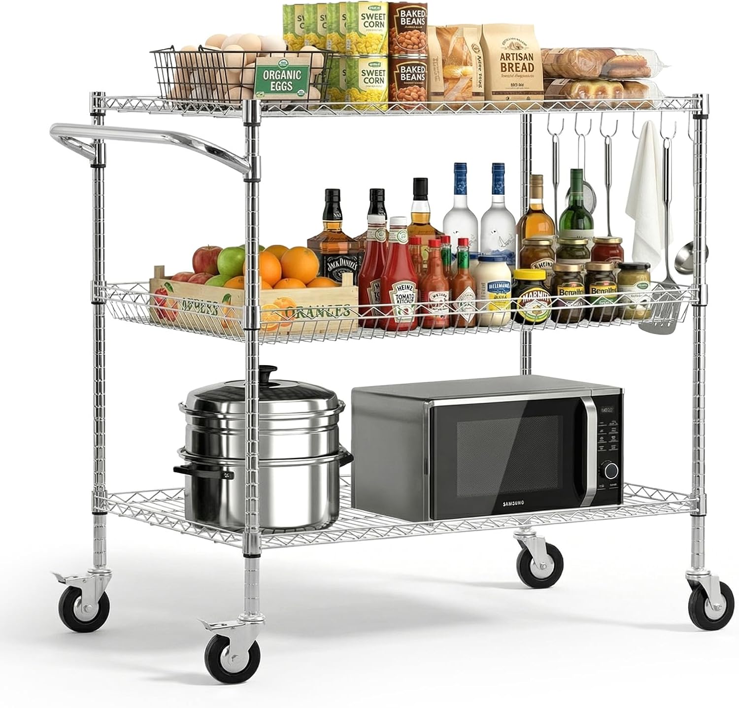 VEVOR Kitchen Utility Cart, 3 Tier Heavy Duty Adjustable Wire Storage Rack, Commercial Steel Rolling Service Trolley on Wheels, Work Table with Handle Bar, for Garage and Laundry Room, 40x25x40.9 in