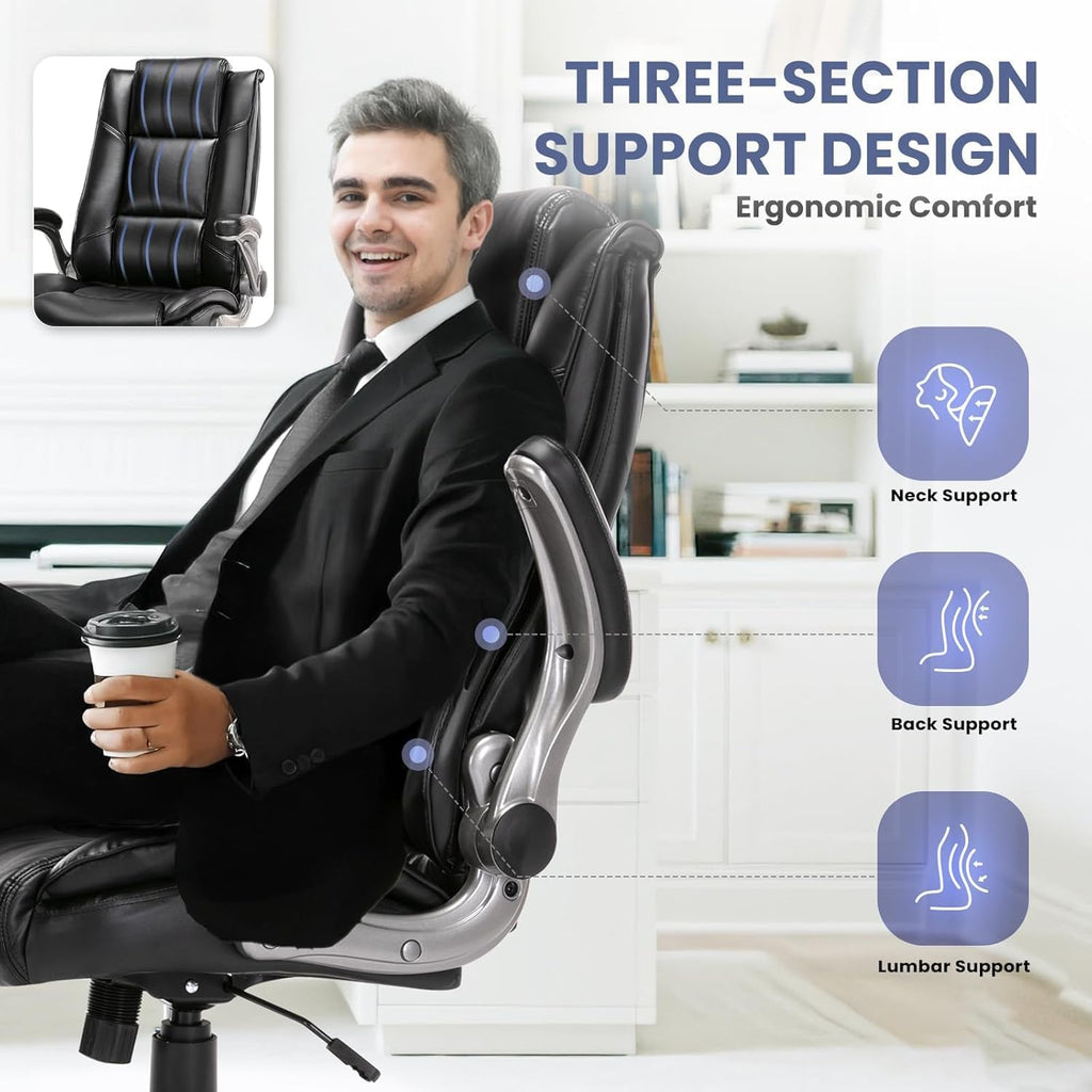 COLAMY Leather Executive Office Chair - High Back Ergonomic Home Computer Desk Chair with Padded Flip-up Arms, Adjustable Tilt Lock, Swivel Rolling Chair for Adult Working Study, Black