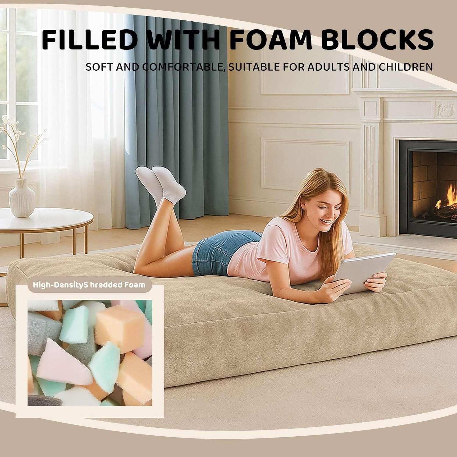 Adult Bean Bag Chair Bed, Bean Bag Sofa with Filling, Memory Foam, Comfortable Floor Sofa Bed, Boneless Floor Chair, Suitable for Living Room Bedroom Dormitory Balcony Lounge (Apricot, Chair Bed)