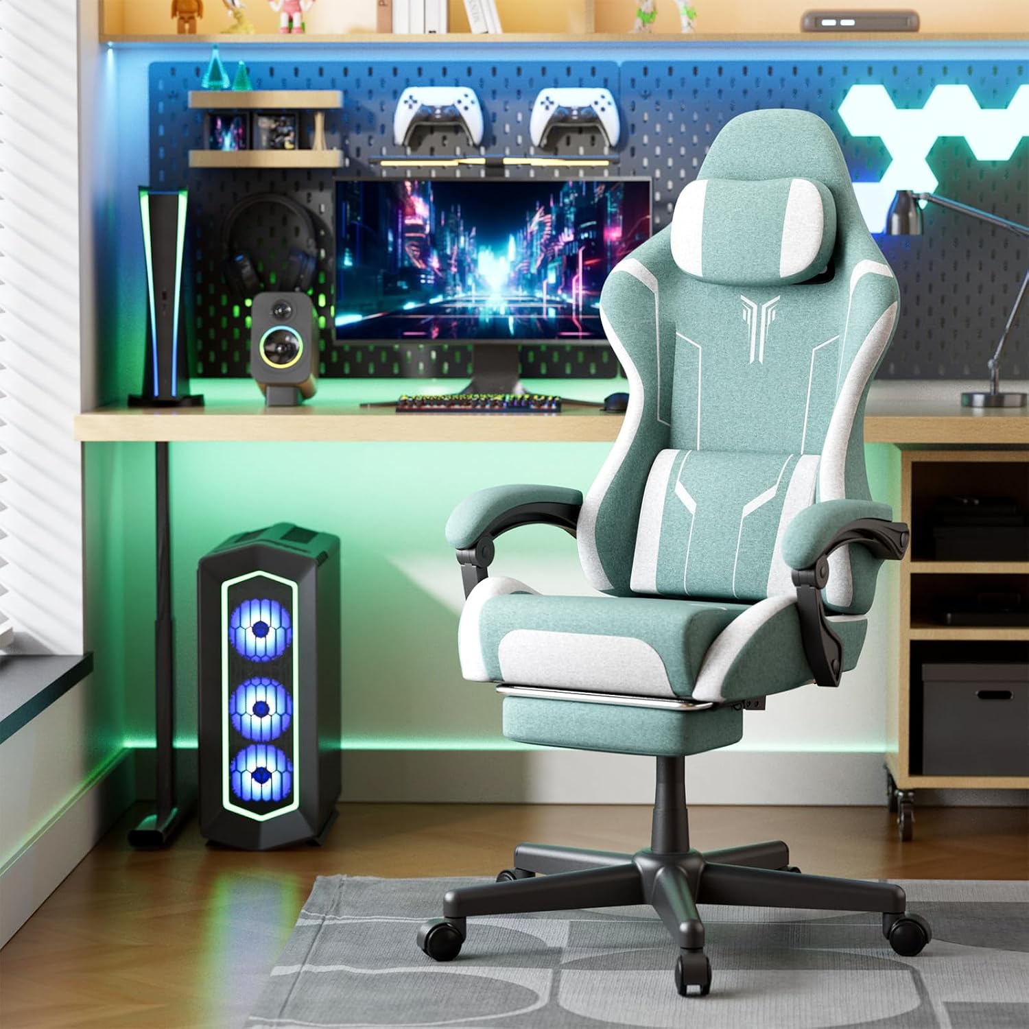 Ferghana Gaming Chair, Cloth Fabric Ergonomic Computer Chair with Massage Lumbar Support, High Back Office Game Chair with Footrest and Linkage Armrest for Adult, Green/White