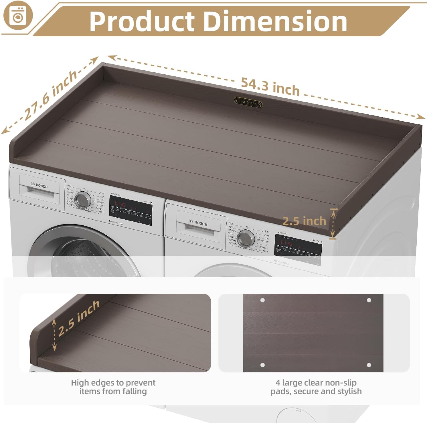 No-Installation HDPE Washer Dryer Countertop Washer and Dryer Topper Covers for The Top Laundry Countertop Laundry Room Organization No Water Leakage,California Walnut