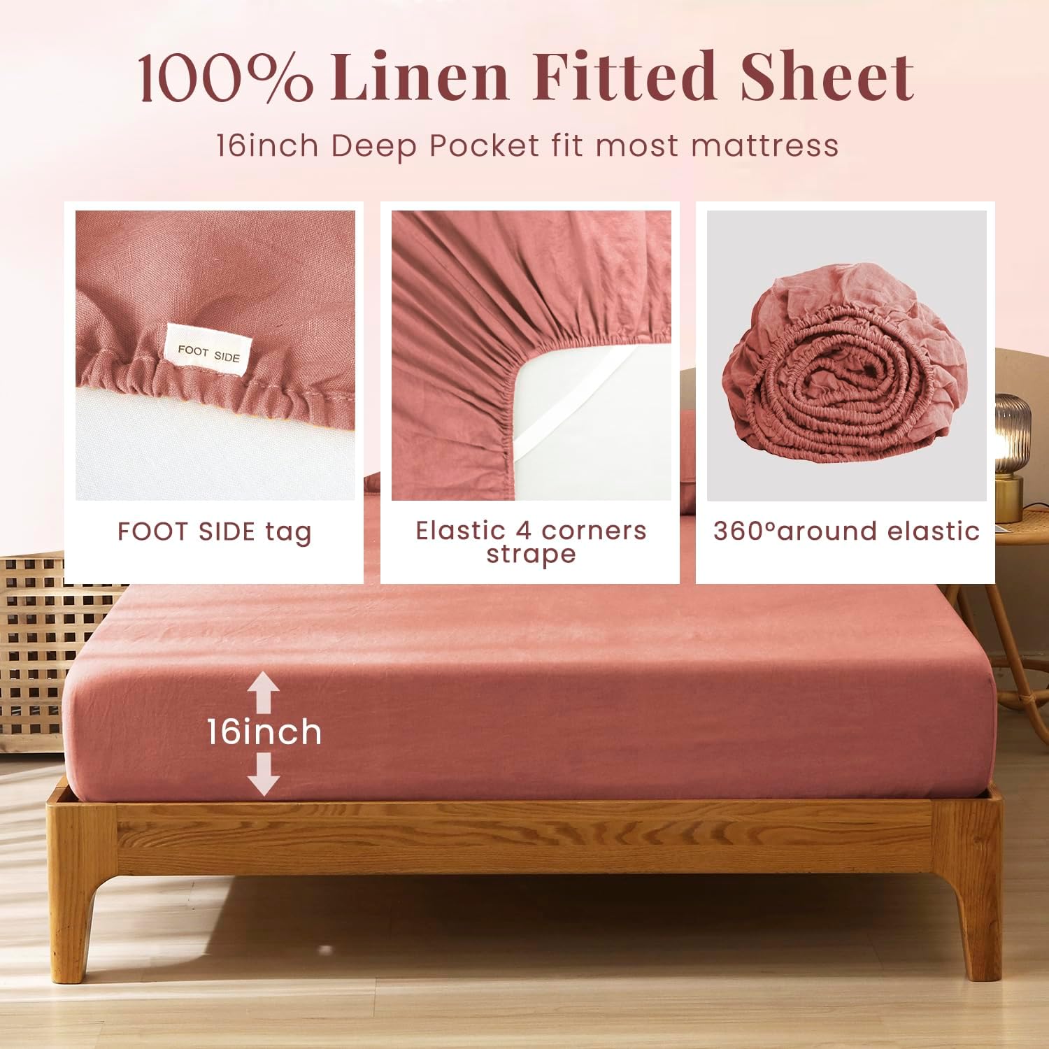 S VICTORY SYMBOL 100% Organic Linen Sheets Set,Washed French Flax Bed Sheets Set 3Pcs Twin Size,Natural Linen Bedding Breathable Soft-Clay