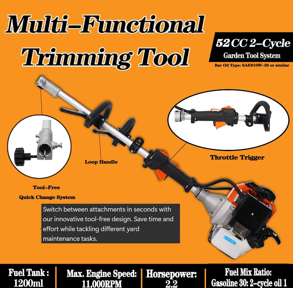52cc 2-Cycle Gas Multi-Trimmer | 10-in-1 String Trimmer w/Rotatable 40' Pole Saw, Weed Eater Weed Wacker, Brush Cutter & Hedge Trimmer Gas for Lawn, Yard, Garden Care, All-in-one Garden Tool