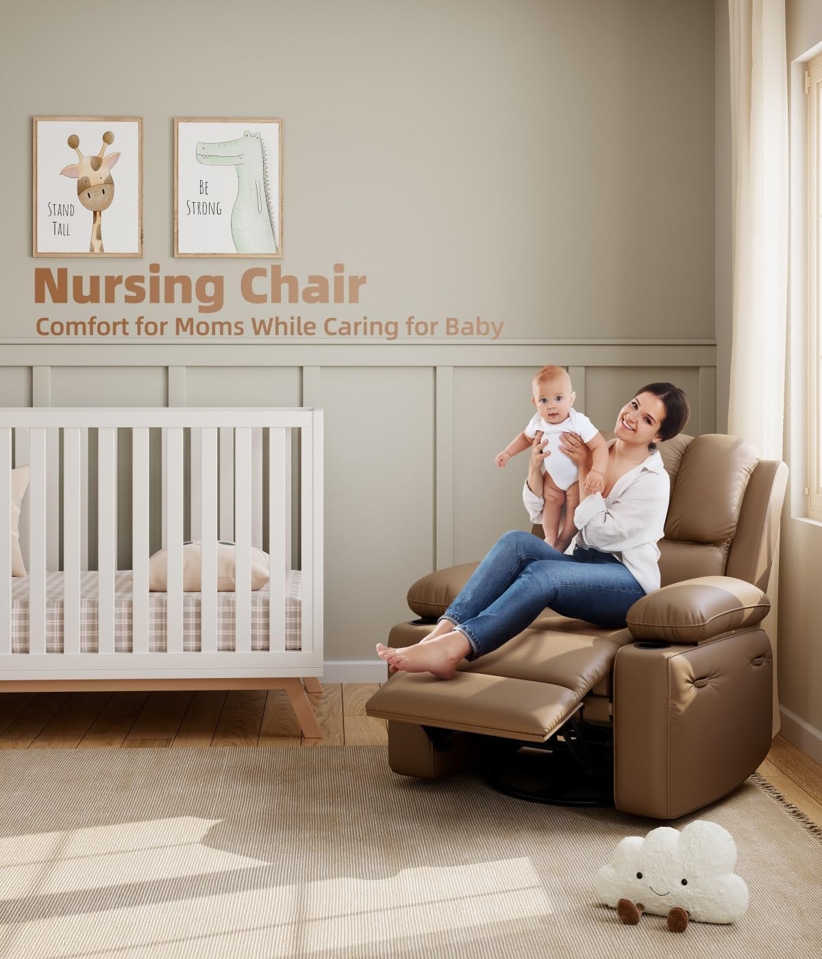 Oversized Recliner Chairs with Massage and Heat, Leather Recliner Chair for Adults, Manual Chair with Cup Holder for Living Room, Bedroom and Nursery (Tan-1)