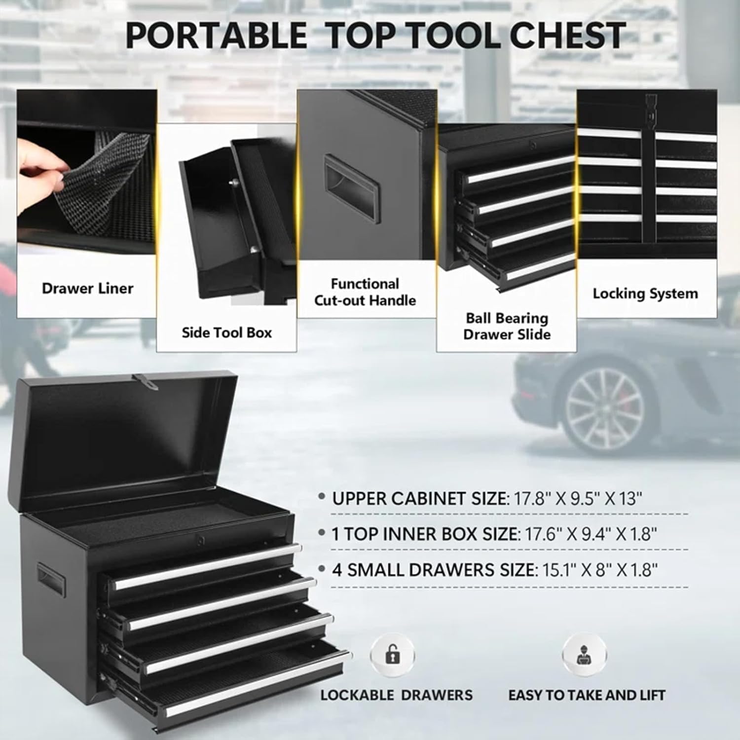 5 Drawers Rolling Tool Chest, 2-in-1 Detachable Metal Tool Storage Cabinet with Wheels, Lockable Tool Cart with Hooks for Garage, Workshop or Salon Use, Black