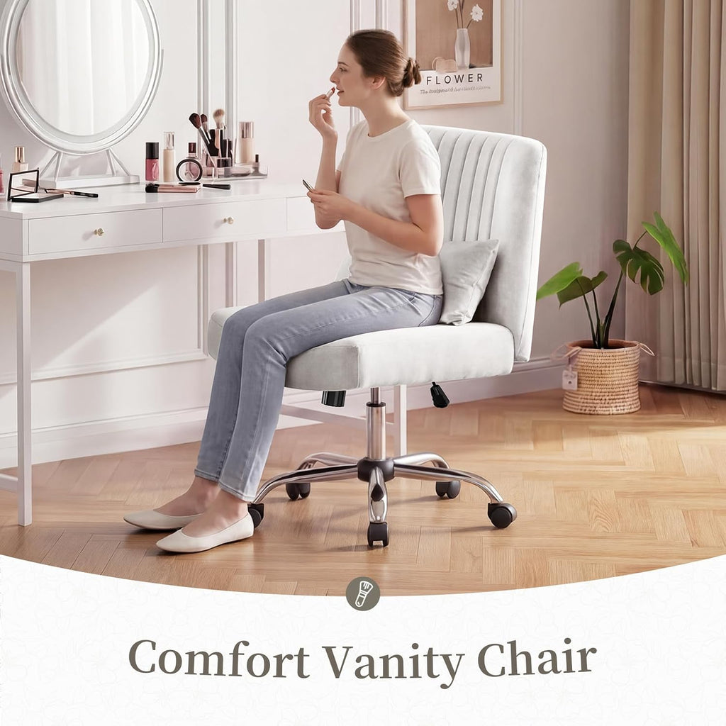 Warmiehomy Velvet Office Chair, Luxury Criss Cross Chair with Wheels, Comfy Cross Legged Desk Chair for Home Office, Stylish Vanity Chair, Wide Seat Computer Chair, Best Gift for Girls, Pure White