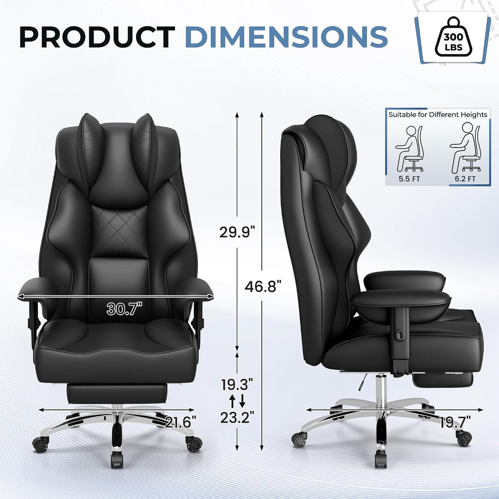 Homall Big and Tall Massage Office Chair,Reclining High Back Ergonomic Home Office Desk Chair with Adjustable Padded Armrest and Foot Rest (Leather, Black)
