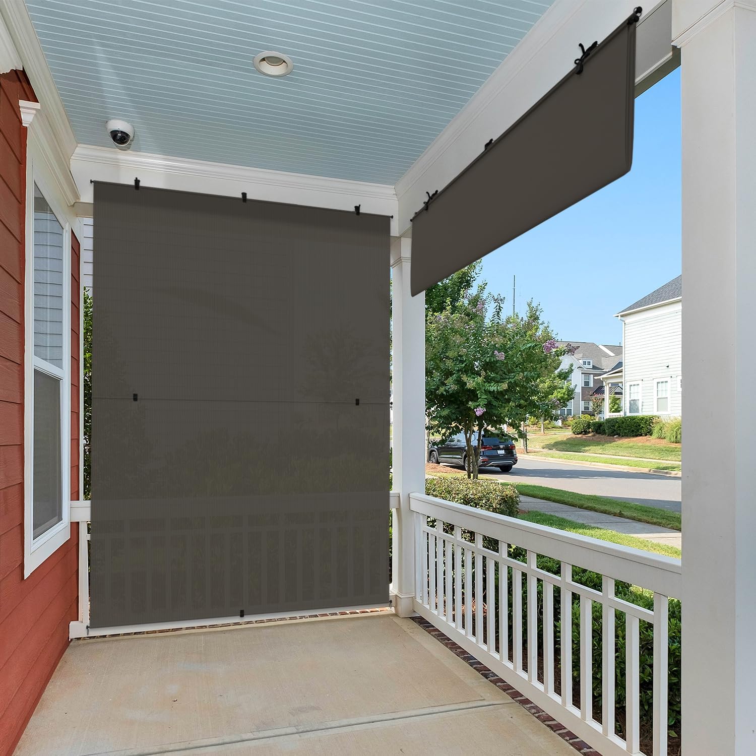 E&K Sunrise 4'W x 7.5'H Outdoor Roller Shades Patio Cordless Roll Up Blinds Foldable Sun Shade UV Block Exterior Sun Screen for Outside Porch Backyard Deck Pergola (Brown)