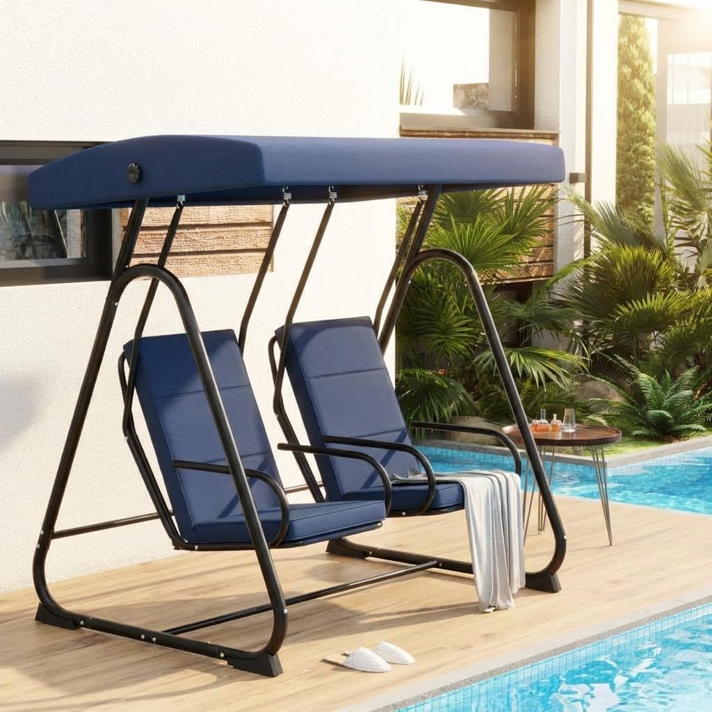 GarveeLife 2 Person Porch Swing Chair, Heavy Duty Outdoor Patio Swing Glider with Adjustable Canopy & Removable Cushions, Independent Swing Chairs for Garden, Balcony, Poolside, Backyard, Dark Blue
