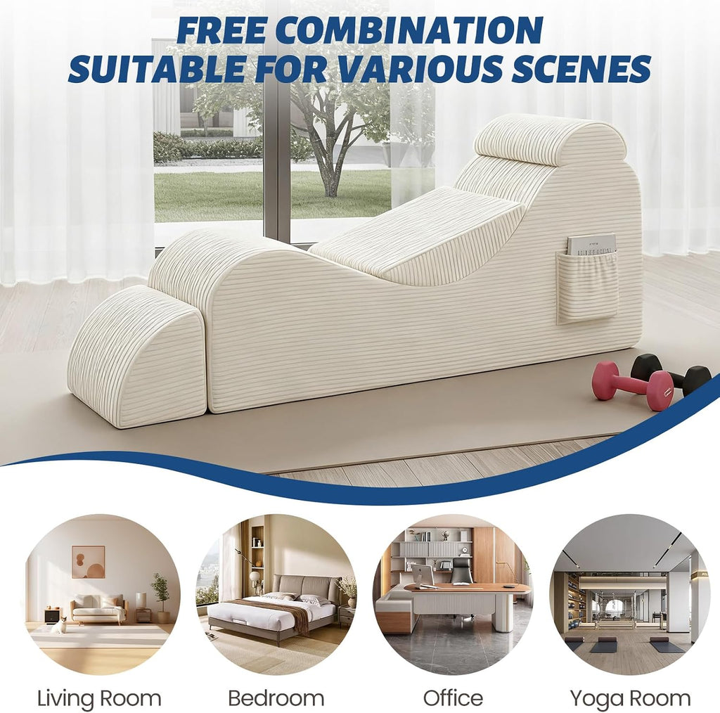 Yoga Chair for Adult, Chaise Lounge Chair with Headrest, Waist Pad, Ottoman, Side Pocket, High Density Foam and Non-Slip Bottom, Yoga Chair for Stretching Exercise, Massage, and Relaxation (Beige)