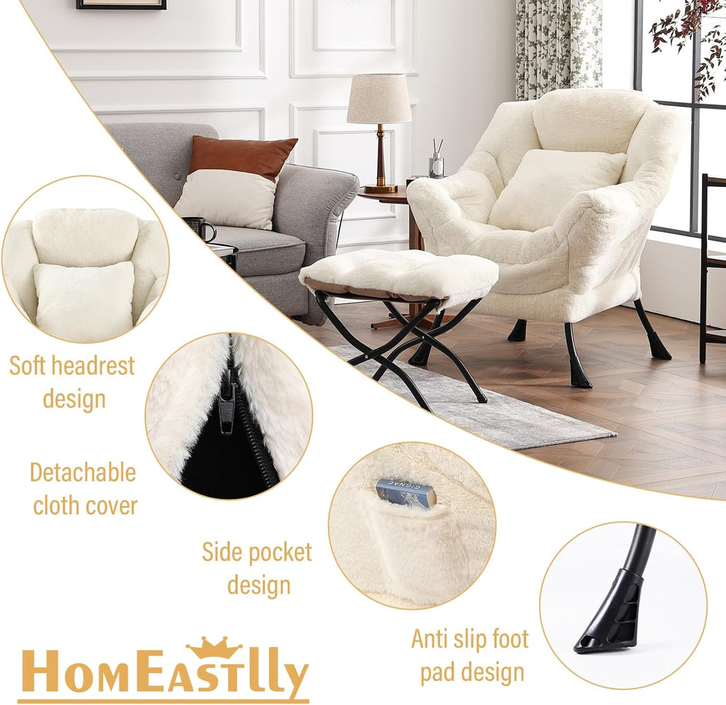 Lazy Chair with Ottoman, Large Lvory Accent Chair with Ottoman and FA Throw Pillow, Comfy Plush Reading Chair for Living Room Bedroom Dorm Room Office Apartment Relaxing Use