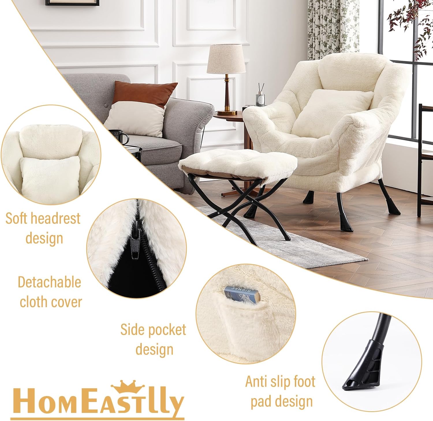 Lazy Chair with Ottoman, Large Lvory Accent Chair with Ottoman and FA Throw Pillow, Comfy Plush Reading Chair for Living Room Bedroom Dorm Room Office Apartment Relaxing Use
