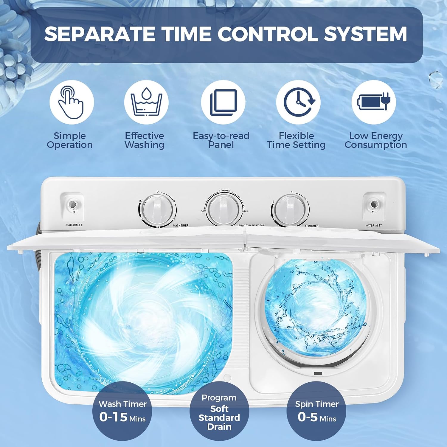 Nictemaw Portable Washing Machine 30Lbs Capacity Twin Tub Compact Laundry Machine 19Lbs Washer and 11Lbs Spin Dryer with Built-in Drain Pump, Small Washing Machine for Apartments, Dorms, RVs
