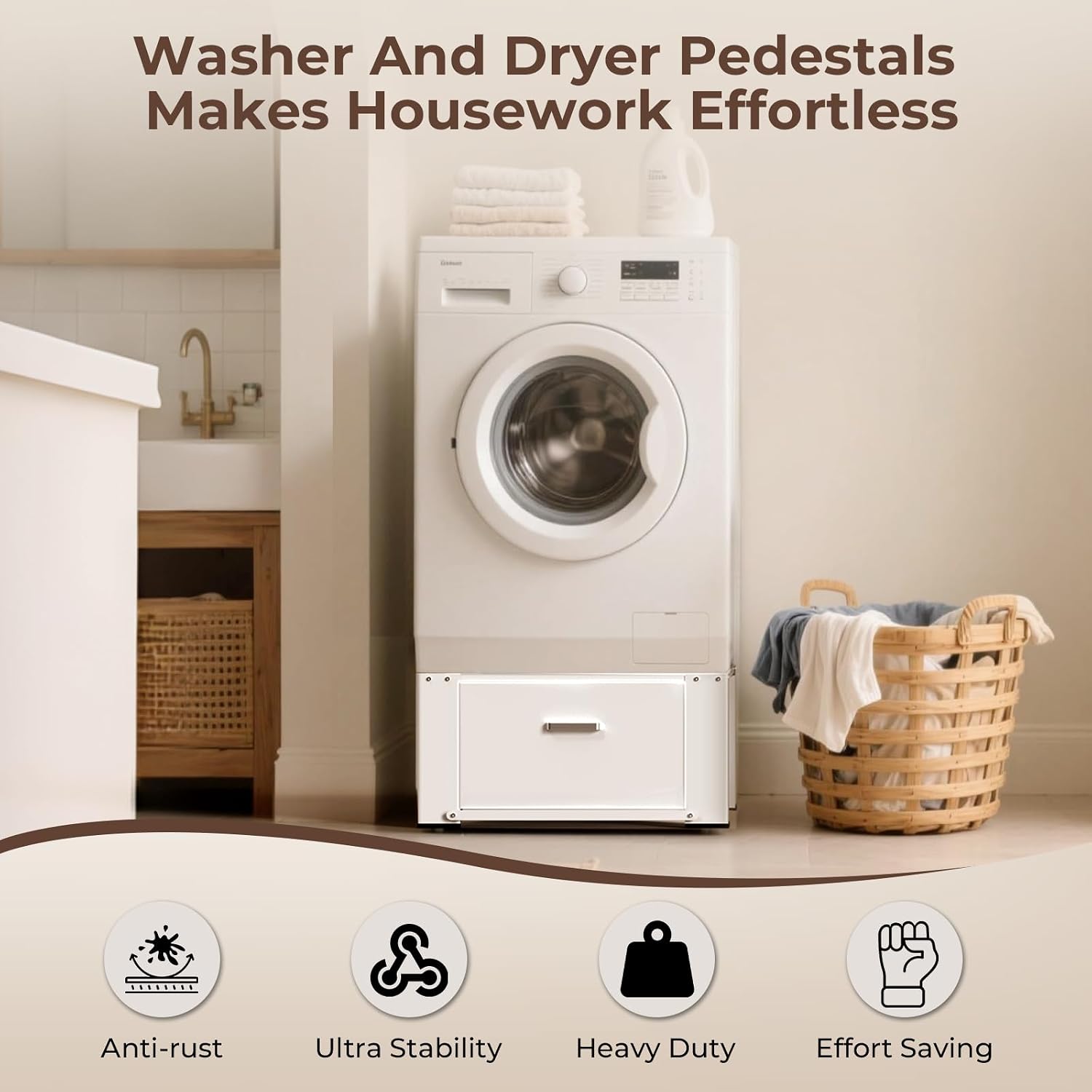 28' Washer and Dryer Pedestals with Drawer- Laundry Pedestal Stand for Washer and Dryer,Alloy Steel Washing Machine Stand Raiser, Washer dryer pedestal 14.3'' Height White
