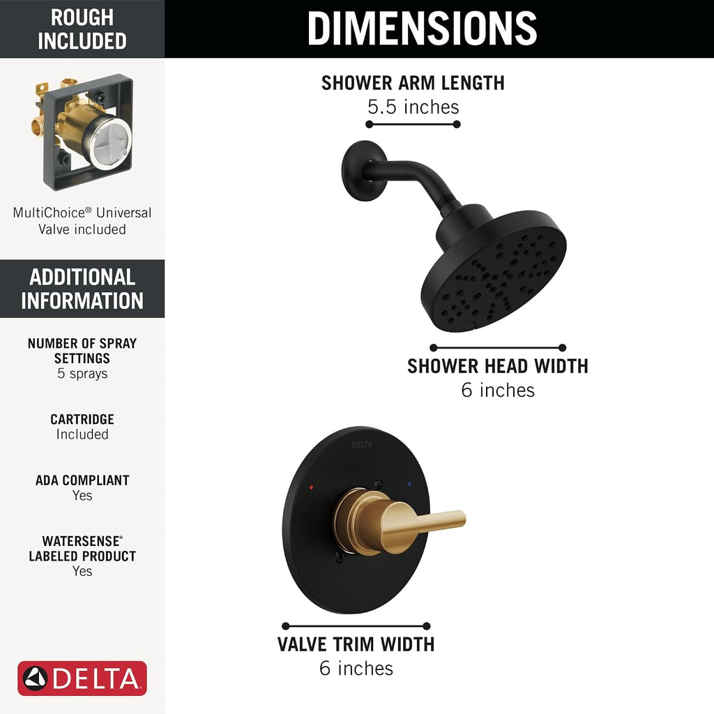 Delta Nicoli 14 Series H2Okinetic Shower Faucet Set, Matte Black/ Brushed Gold Shower Head and Handle Set, Valve Trim Kit, Matte Black/ Champagne Bronze 142749-GZ (Shower Valve Included)