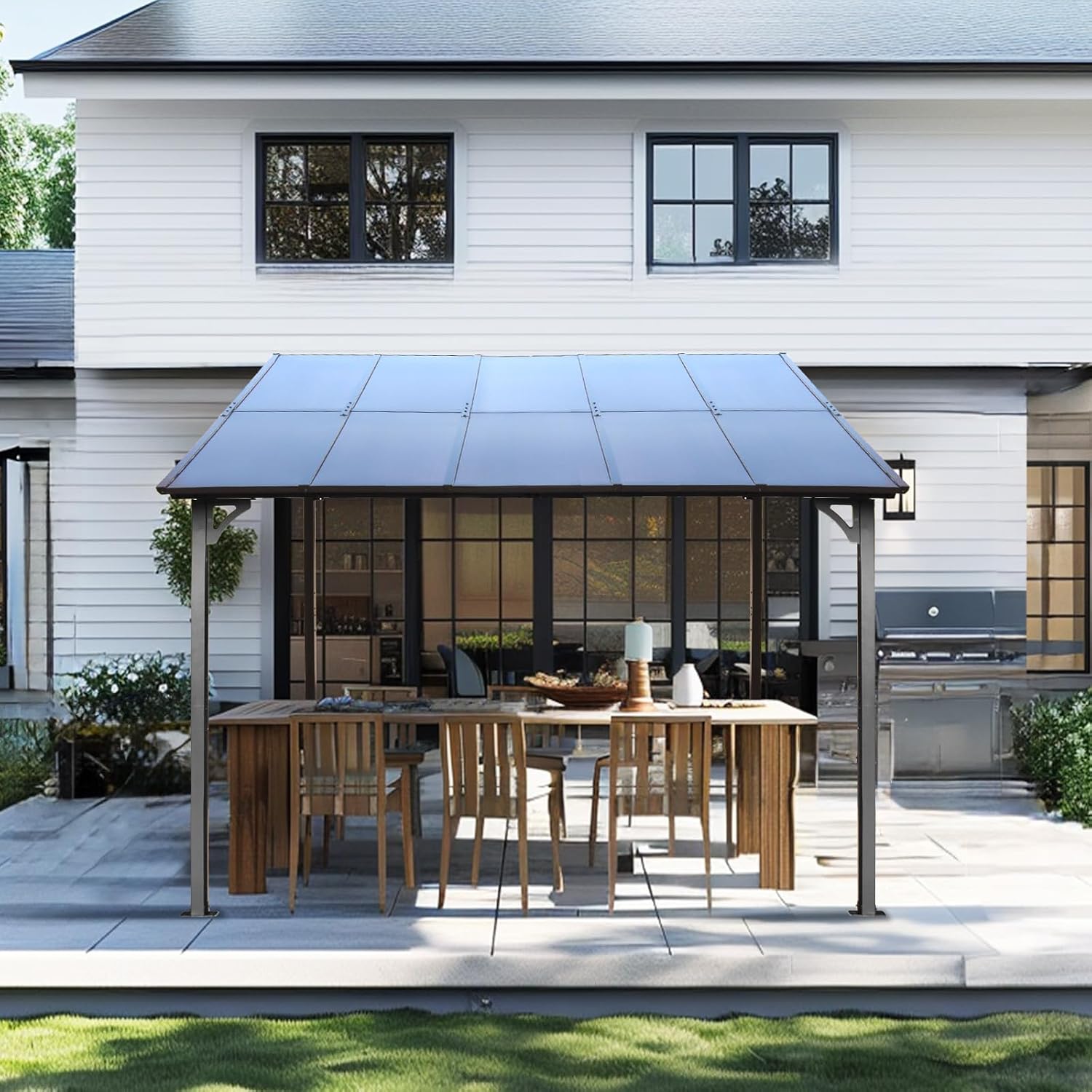 KEIKI 10x10 FT Outdoor Metal Flexible Top Lean to Gazebo Pergola with Sloped Roof, Heavy Duty Wall-Mounted Patio Awnings with Powder-Coated Steel Frame, for Lawn, Garden, Backyard and Deck, Grey