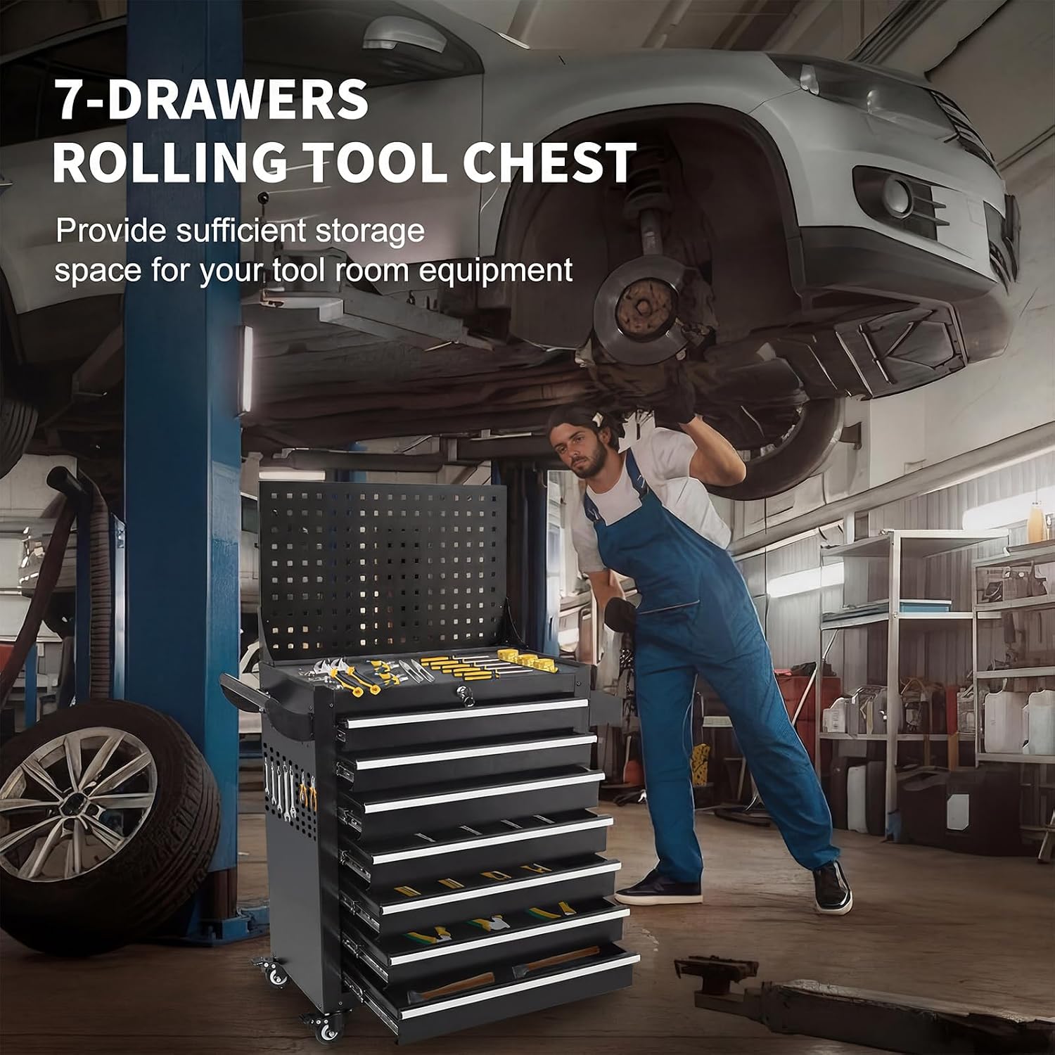 Rolling Tool Chest with Wheels, 7 Drawers Tool Storage Cabinet, Portable Metal Tool Box Organizer with Lock, Tool Cart on Wheels Toolbox Workbench for Garage, Workshop, Warehouse(Required Assembly)