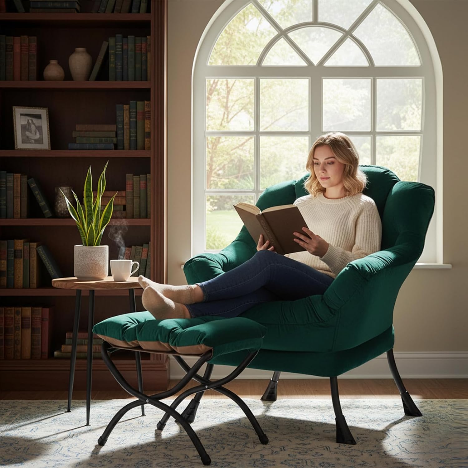 Welnow Lazy Chair with Ottoman, Modern Accent Chair with Armrests and a Side Pocket, Leisure Sofa Armchair, Reading Armchair with Footrest for Small Space, Dark Green