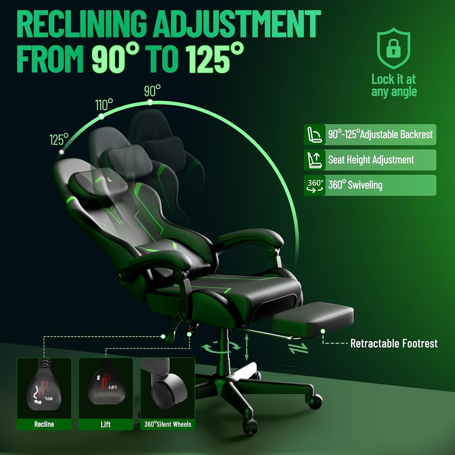 Ferghana Gaming Chair, PU Leather Ergonomic Computer Chair with Massage Lumbar Support, High Back Office Game Chair with Footrest and Linkage Armrest for Adult, Grey/Black/Green