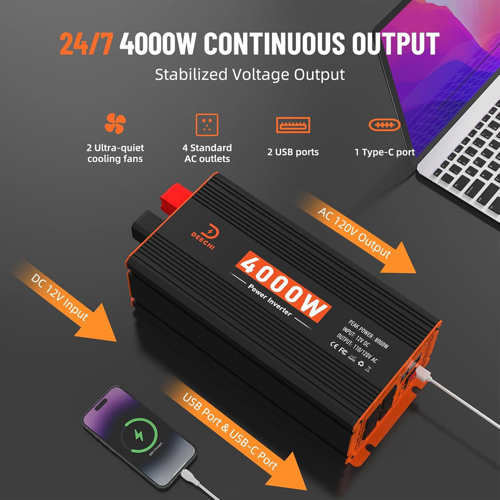 4000W Power Inverter 12V DC to 110V/120V AC Converter for RV/Truck/Boat/Camping/Off-Grid Solar Car Power Inverter Peak Power 8000W with 4 AC Outlets,USB & Type-C Port, Remote Controller & LCD Screen