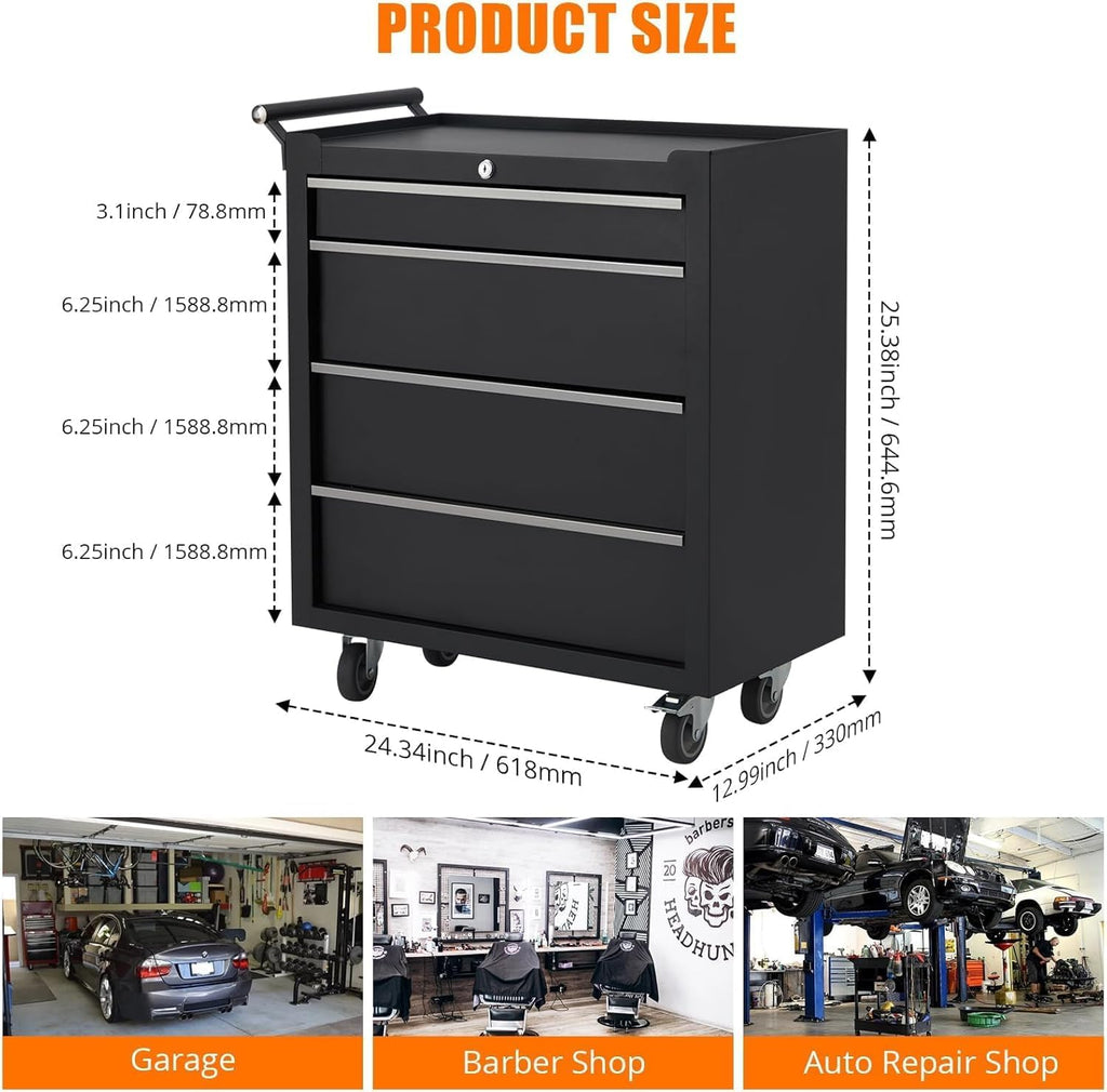 4-Drawer Rolling Tool Chest with Wheels - Lockable Storage Cabinet | Sliding Drawers & Protective Liner, Heavy-Duty Design Mobile Tool Cart for Garage, Workshop, Warehouse Organization,Black