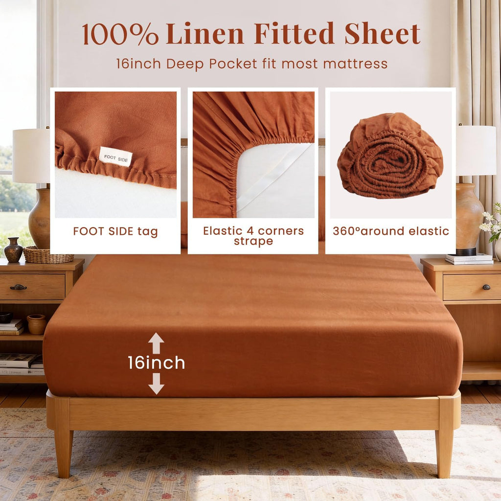 S VICTORY SYMBOL 100% Organic Linen Sheets Set King Size,Natural French Linen Bed Sheets,Stone Washed 4 Pieces Bedding Set,Ultra Soft Luxurious(Caramel,King)