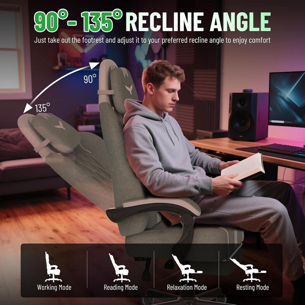 Ferghana Cotton Fabric Gaming Chair with Wider Seat Cushion, Diamond Double-Stitching Ergonomic High Back Game Chair with Footrest, Computer Chair with Massage Lumbar Support for Adult, Green/White