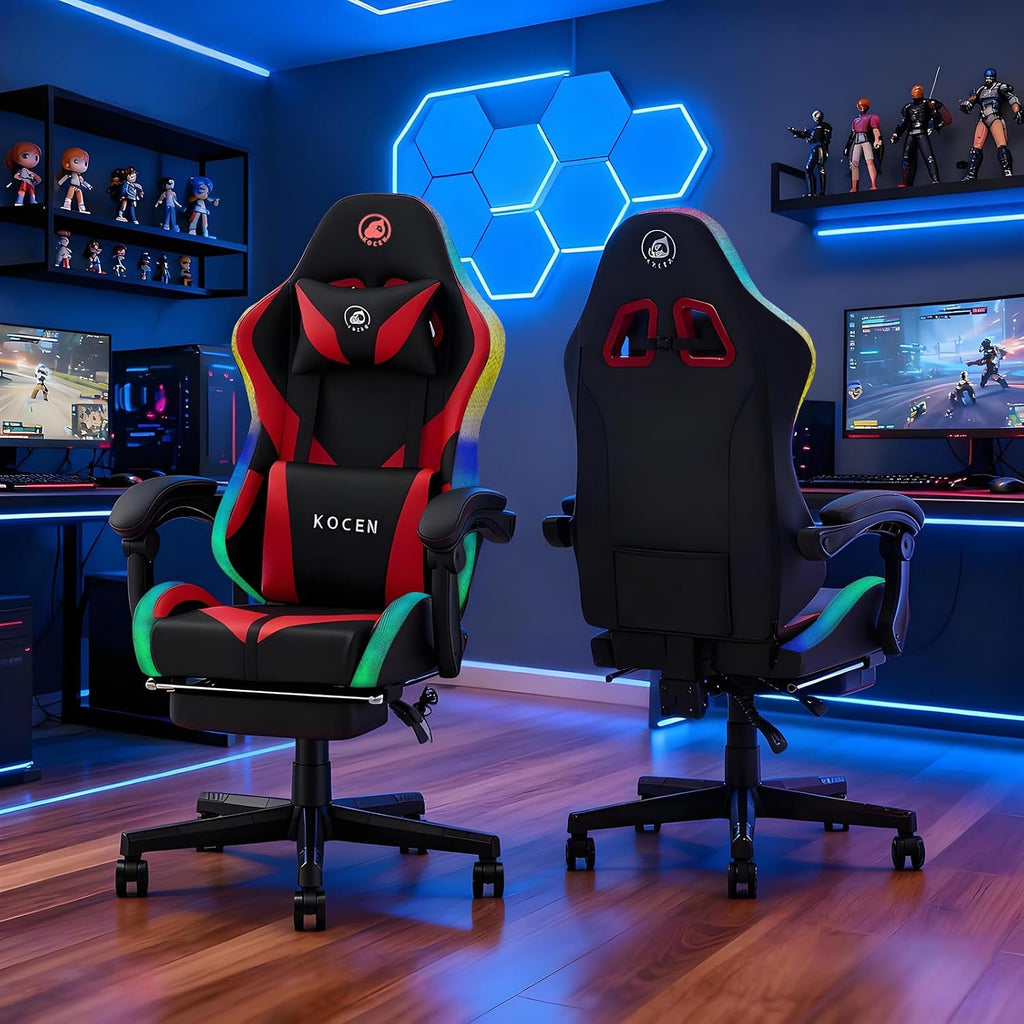 LED Gaming Chairs for Adults Tall and Kids，Lumbar Support,LED Lights，High Back Reclining Computer Chair with Headrest (RedBlack)