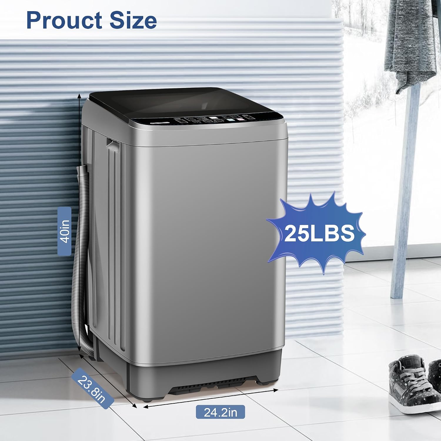 Portable Washing Machine, 25Lbs Capacity Portable Washer with Drain Pump, Full-Automatic Washer with 10 Programs & 8 Water Levels for Apartment, Dorms, Home, Grey