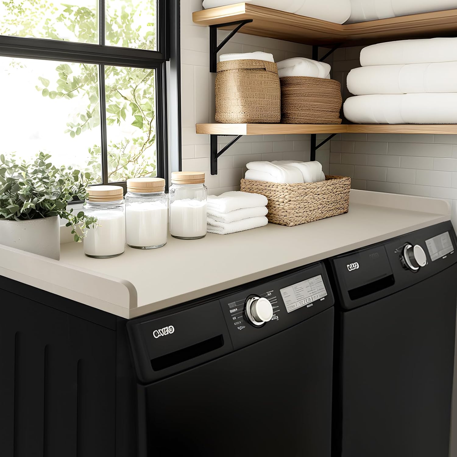 Kaboon Washer Dryer Countertop, Melamine Countertop with Edge Rails - 27.5' Depth x 54' Width Laundry Room Organization, Beige Leather