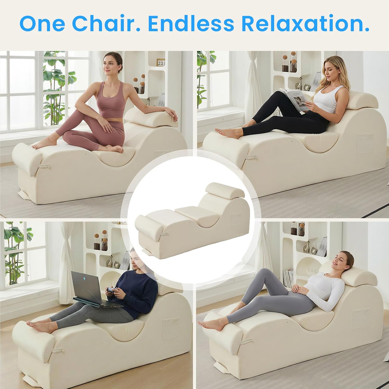 ijuicy 25 Inch Yoga Stretch Chair, Velvet Household Fitness Training Chair, Indoor Relaxation Recliner with Headrest & Adjustable Footrest, Beige