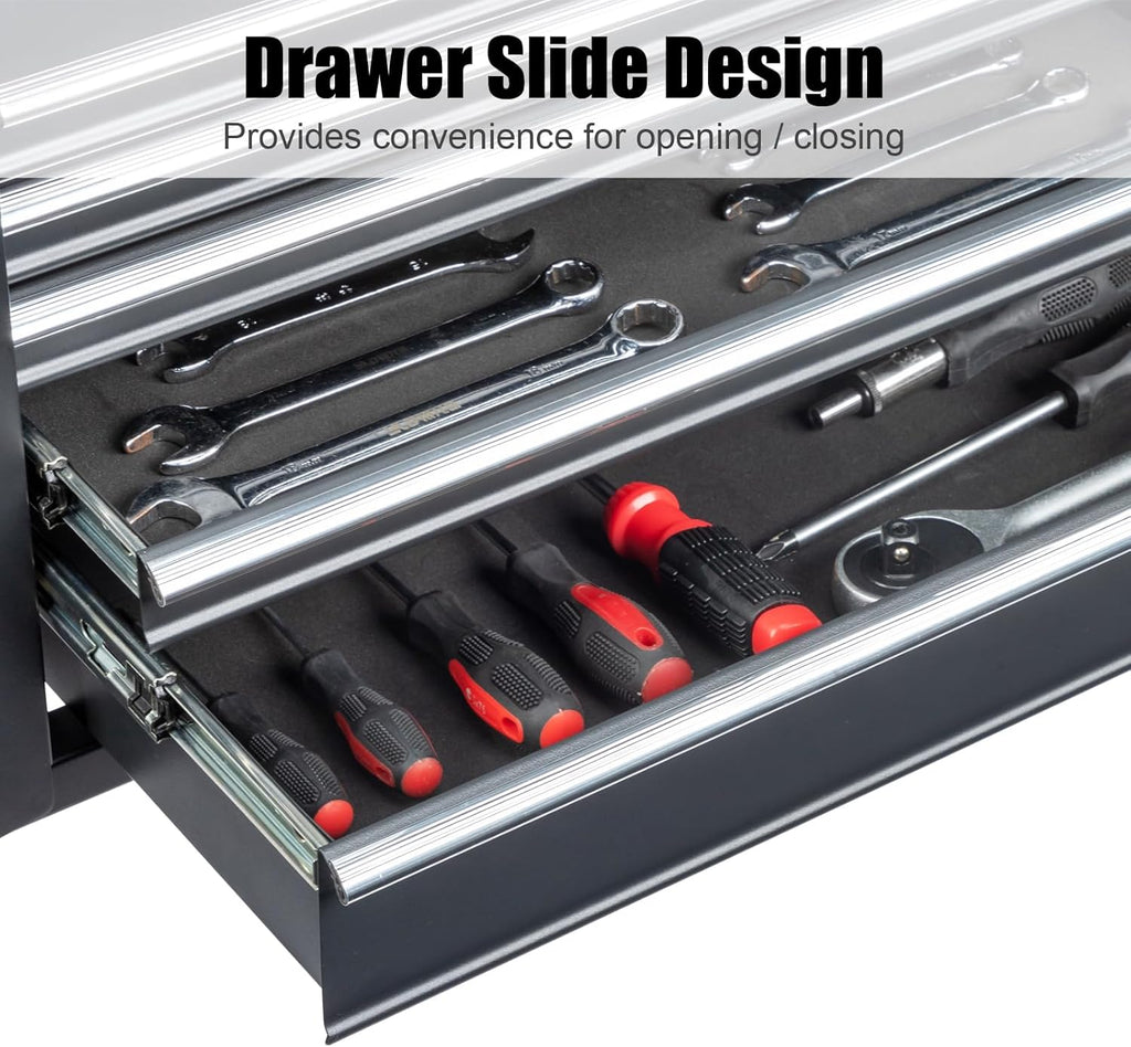 Metal Tool Box, 5-Layer Drawers & Top Storage Tray Tool Box with Lock Safety and Handle, 24' Portable Tool Chest Cabinet for Garage, Warehouse, Home, Black