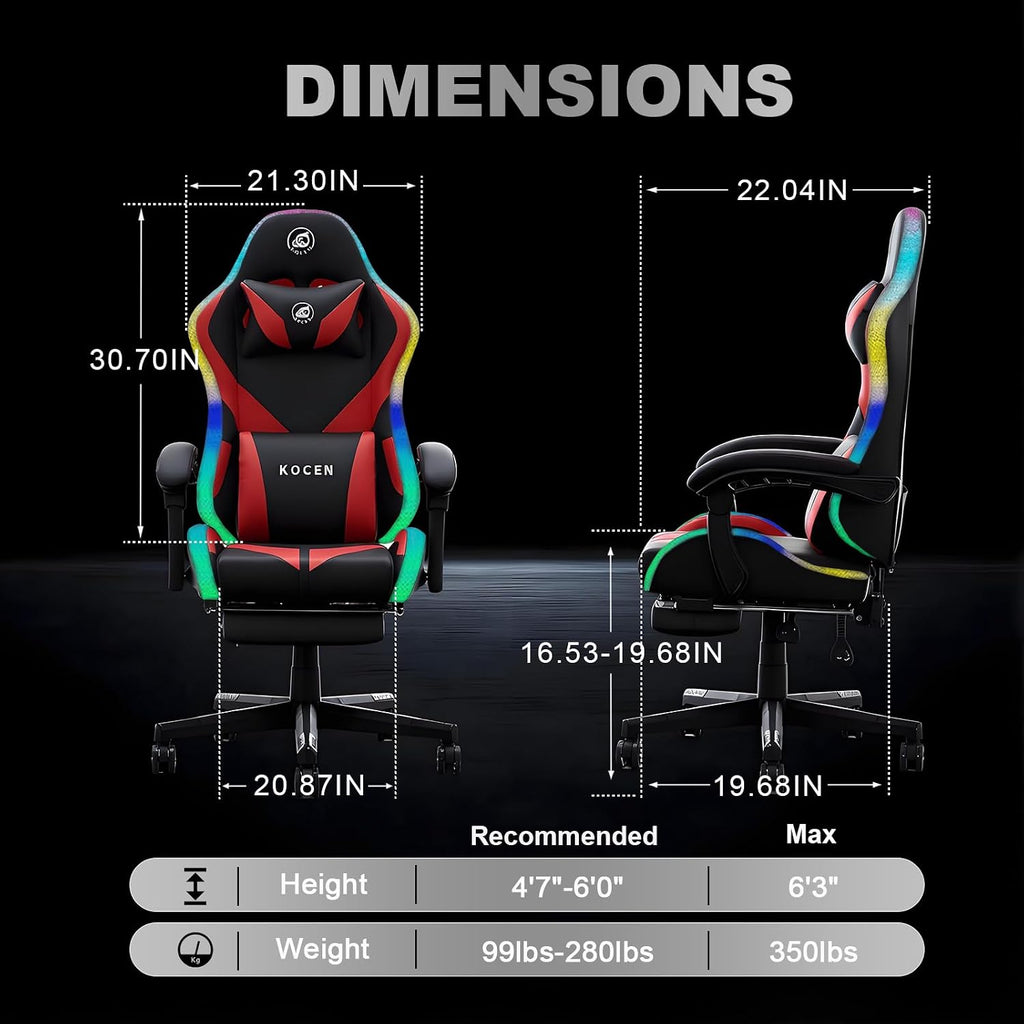 LED Gaming Chairs for Adults Tall and Kids，Lumbar Support,LED Lights，High Back Reclining Computer Chair with Headrest (RedBlack)