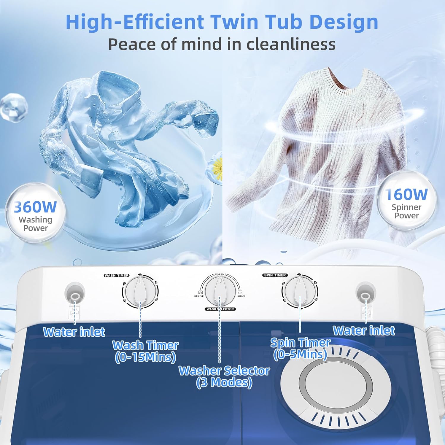 VCJ Portable Washing Machine, Twin Tub Washing Machine Laundry Compact Washer spinner Combo with 28lbs capacity, 18Lbs Washer and 10Lbs Spinner dryer for Apartments RVs and Dorms