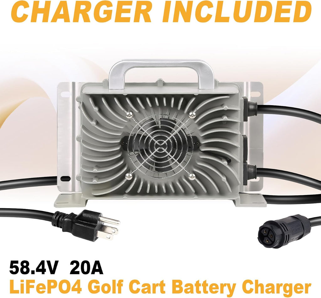 FLLYROWER Golf Cart Lithium Battery 48V 105AH with 16500 Deep Cycles and BMS Lifepo4 Battery 48V Grade A Cells Include 20A Charger and Monitor for Golf Cart