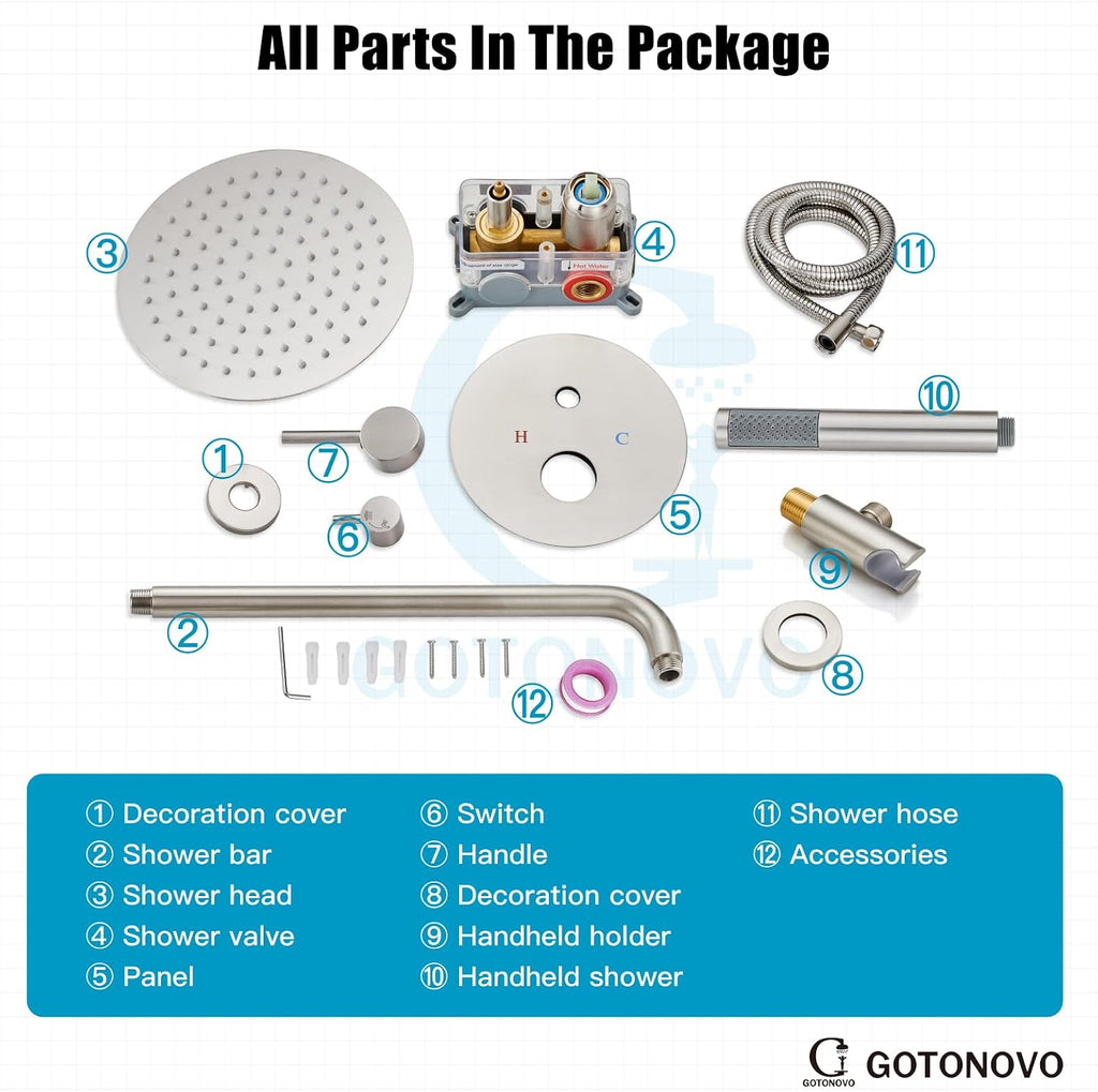gotonovo Shower System 10 Inch Round Rainfall Showerhead Wall Mounted High Pressure Shower Faucet Set Fixture Combo with Rough in Valve and Cylindrical Handheld Spray, Brushed Nickel