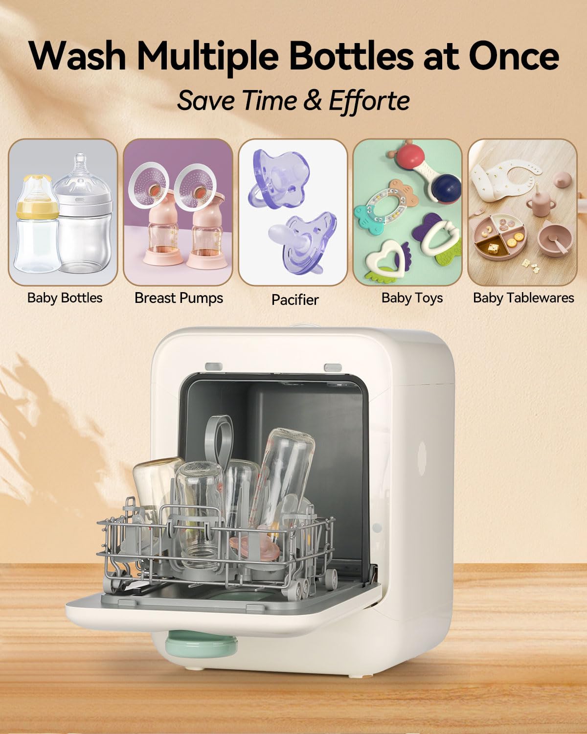 ICUIRE Baby Bottle Washer and Sterilizer and Dryer, 131-167°F High Temperature Sterilize for Baby Stuff, 3.2L Water Tank to Clean Bottles, Pump Part &Pacifiers&Bowl, Newborn Parents One-Hand Operation