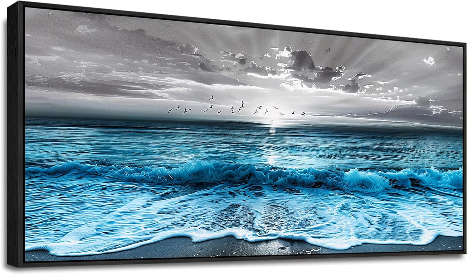 ERQINHUA Large Canvas Black Frame Wall Decor For Living Room Blue Sea Wave Ocean Painting Wall Art For Bedroom Office Dining room Decorations Beach Artworks Wall Pictures Modern Home Decor 32x72 In