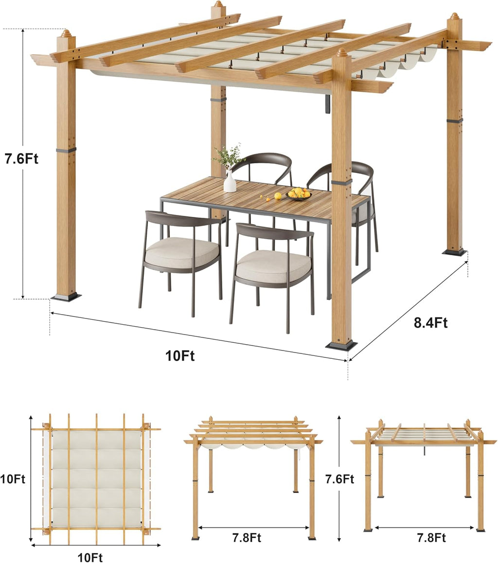 Garvee 10x10 ft Outdoor Pergola with Retractable Canopy – Upgraded Aluminum Faux Wood Grain Metal Patio Pergola for Modern Backyard Deck, Porch, Grape Trellis in Beige