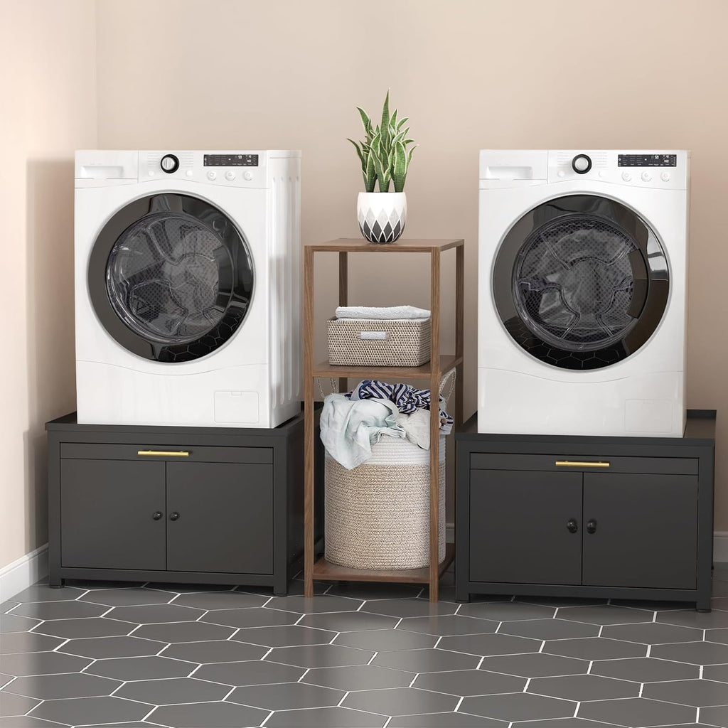 GDLF Laundry Pedestal Heavy Duty Metal Washer Dryer Pedestal 29' Universal Fit Anti-Vibration Washing Machine Stand with Laundry Basket Shelf and Built-in Drain Pan + Hose,770 LBS Capacity