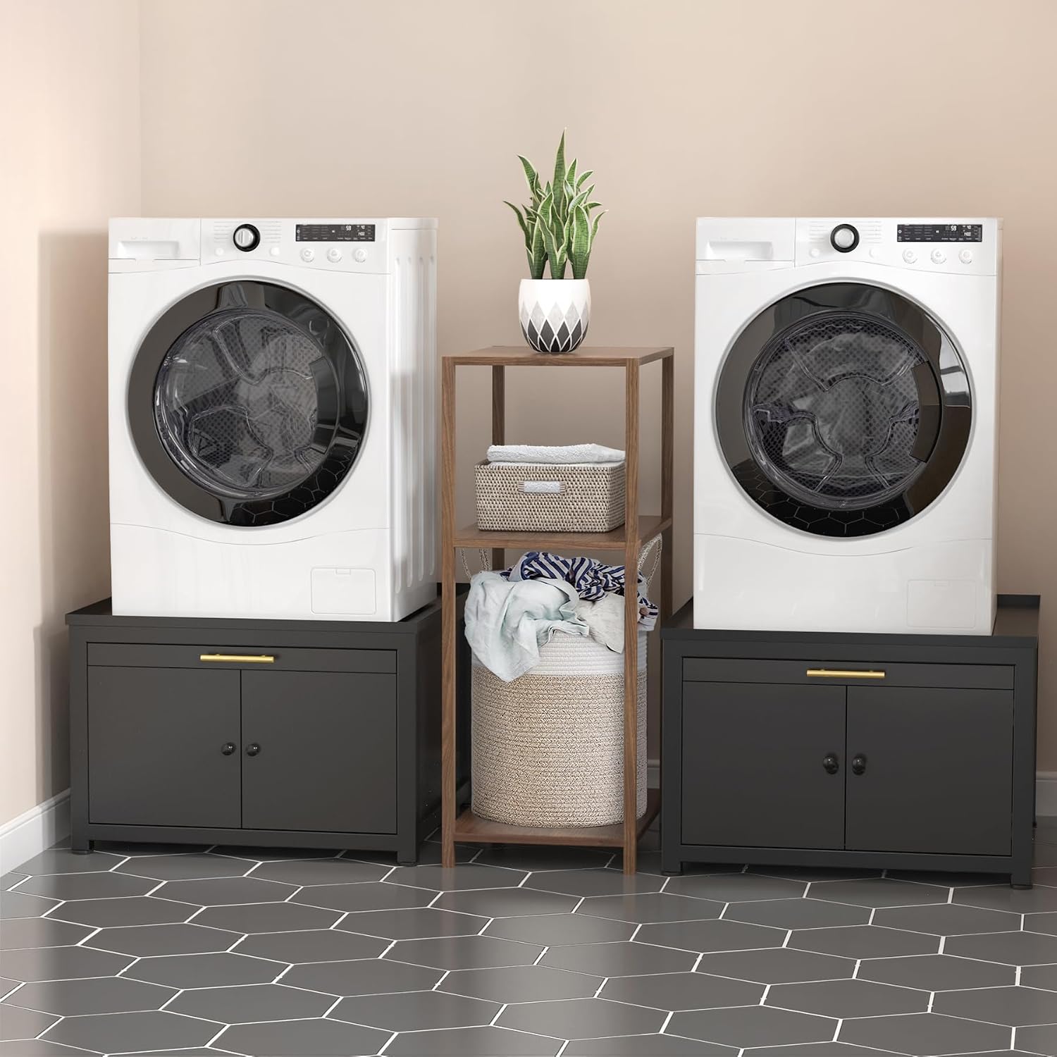 GDLF Laundry Pedestal Heavy Duty Metal Washer Dryer Pedestal 29' Universal Fit Anti-Vibration Washing Machine Stand with Laundry Basket Shelf and Built-in Drain Pan + Hose,770 LBS Capacity