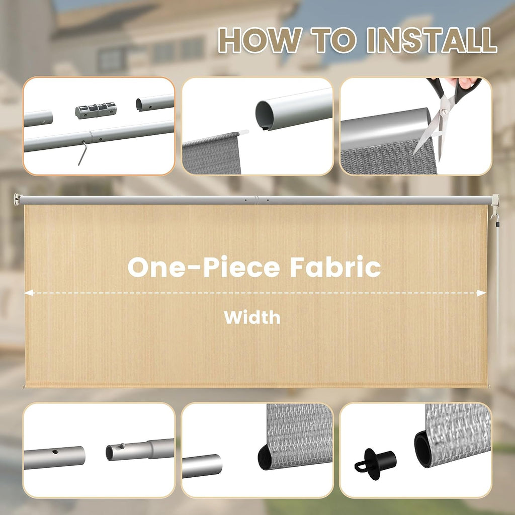 DIFY 9 * 8FT Outdoor Roller Shade, Cordless Patio Roller Up Blinds for Yard Deck Porch, Wand Crank Operation, Wheat