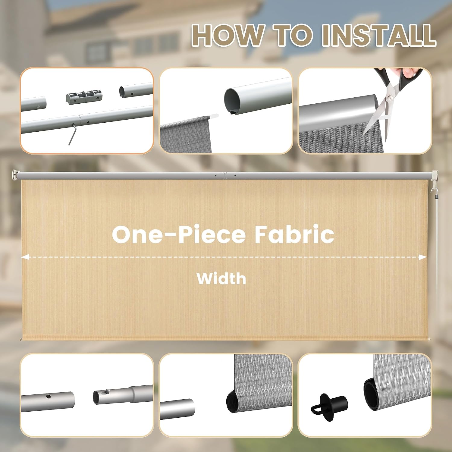 DIFY 9 * 8FT Outdoor Roller Shade, Cordless Patio Roller Up Blinds for Yard Deck Porch, Wand Crank Operation, Wheat