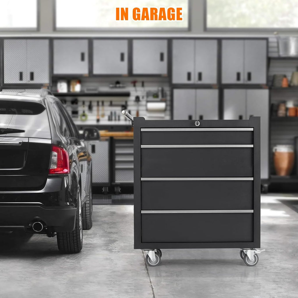 4 Compartment Tool Box 4 Compartment Tool Cart with Drawers Mobile Tool Cabinet with Key Lock and Drawer Liner Black 4 Compartment Drawer for Garages, Warehouses, Workshops and Repair Shops