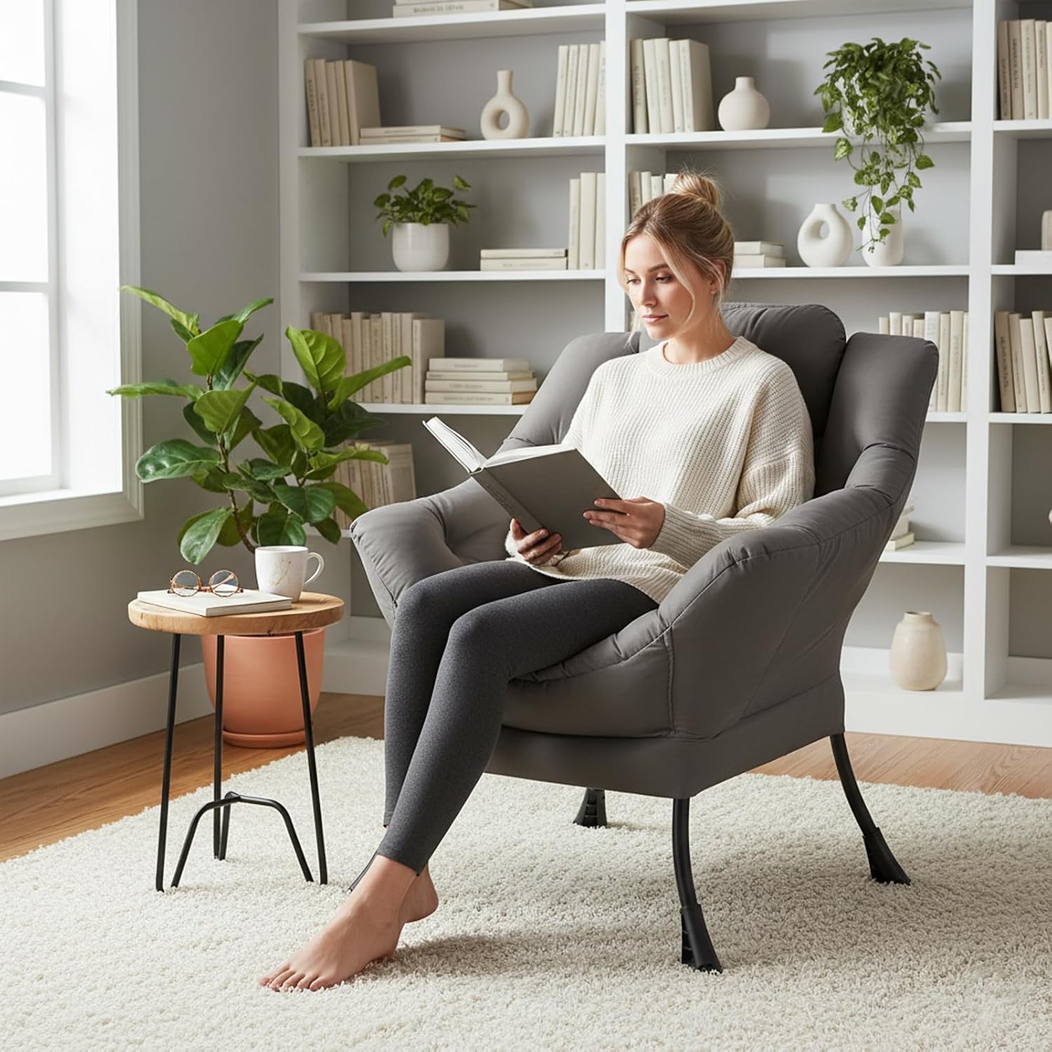 Welnow Dark Grey Single Lazy Chair for Living Room, Modern Reading Accent Chair with Armrests and a Side Pocket, Leisure Lazy Sofa Chair for Small Space, Bedroom, Dorm