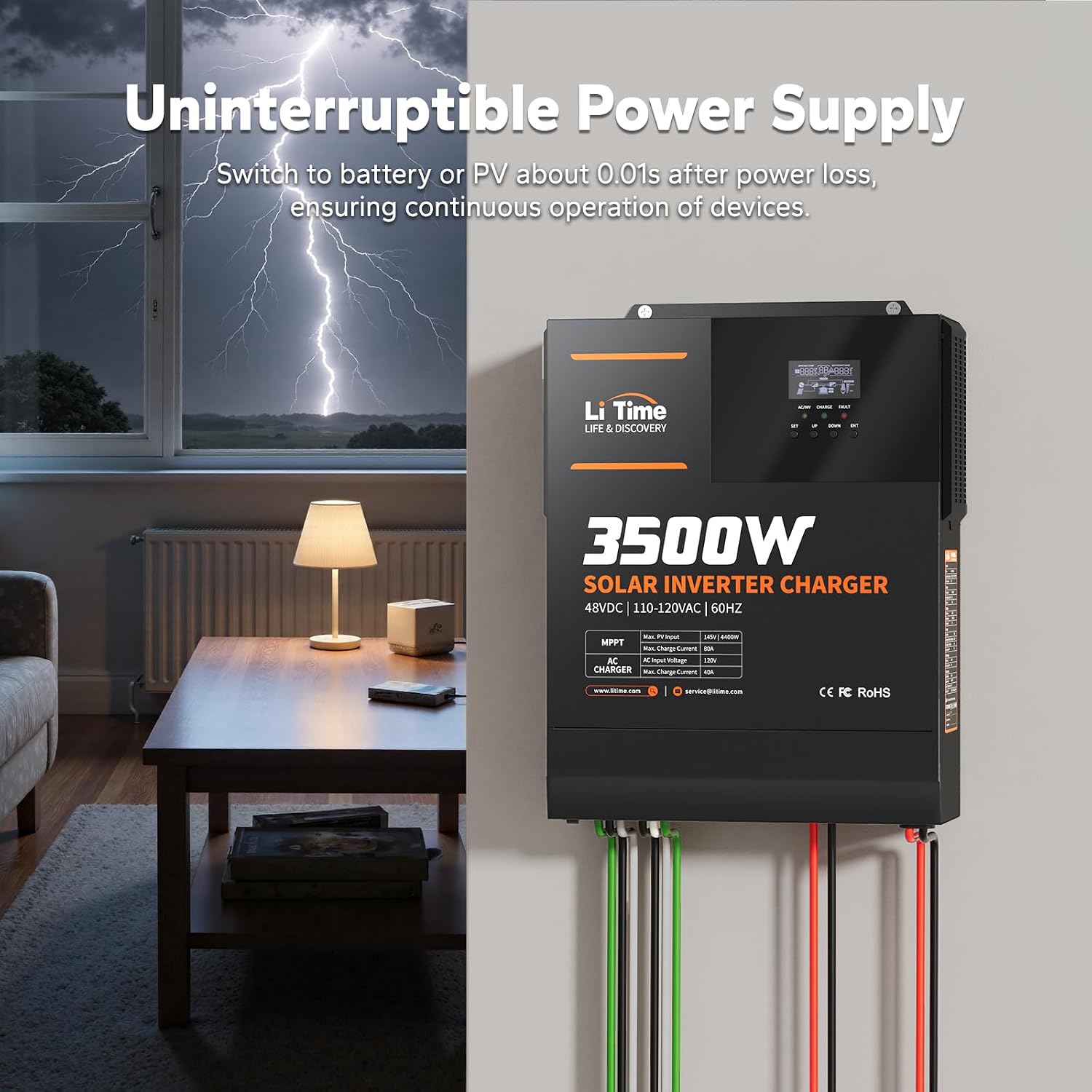 LiTime 3500W Solar Hybrid Inverter, 48V DC to 120V AC All-in-One Solar Inverter Charger, Built in 80A MPPT Charge Controller, for 48V Lead Acid/LiFePO4 Battery, Home Energy Storage, Off-Grid