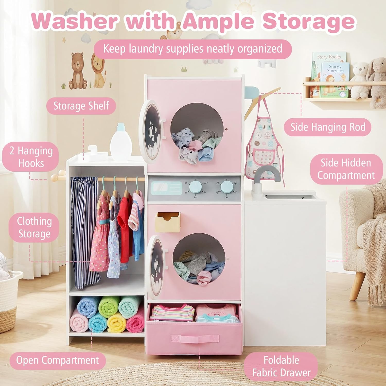 Costzon Kids Washer and Dryer Playset, Toddler Wooden Pretend Laundry Play Set w/Laundry Detergent Bottle, Iron, Hangers & Fabric Drawer, Realistic Laundry Room, Ideal Gift for Boys & Girls 3+