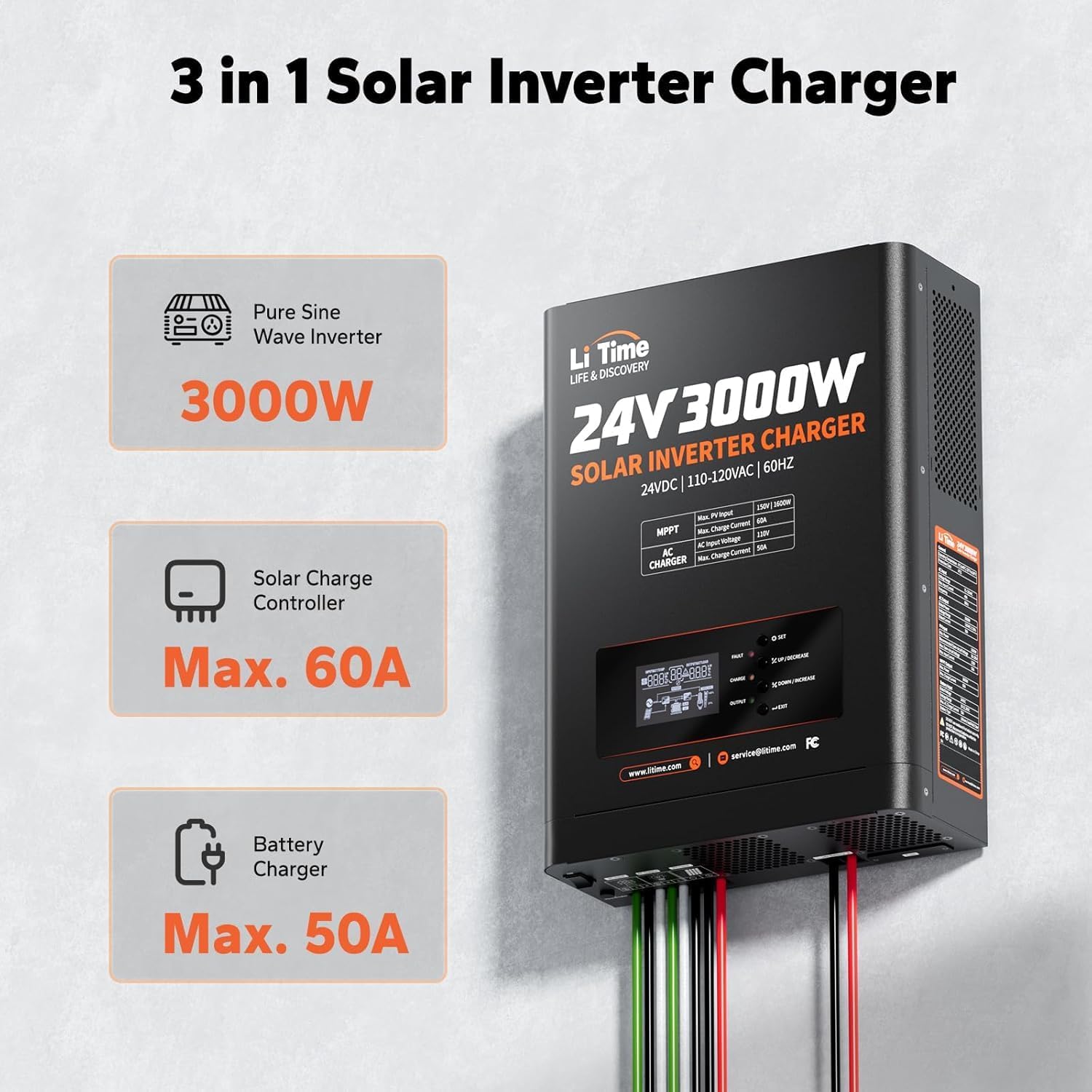 LiTime 24V 3000W Solar Inverter Charger, 60A MPPT Solar Controller, Pure Sine Wave Output, Uninterrupted Power Supply, RS485 Communication for Home Energy Storage, Off-Grid Solar System