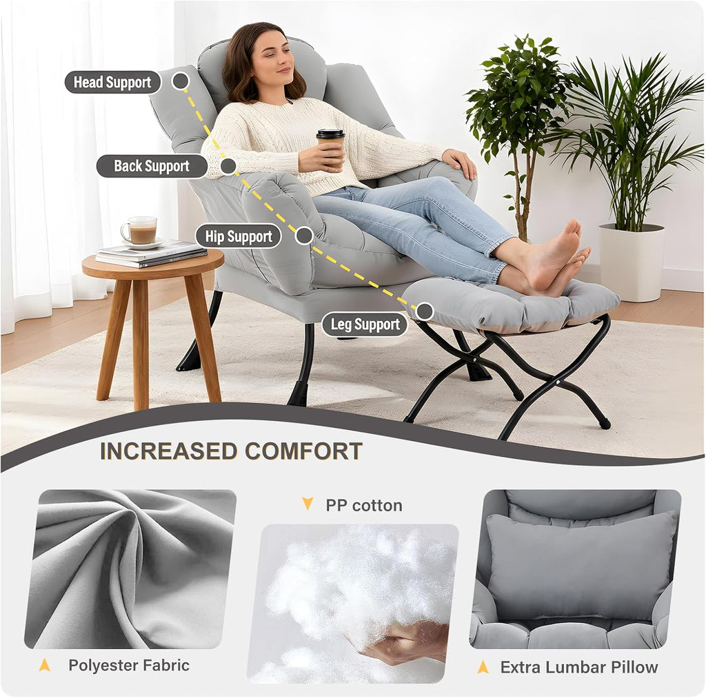 Lazy Chair with Ottoman, Modern Accent Chair with Lumbar Pillow, Grey Sofa, Armchairs with Folding Footrest, Oversized Supportive Chairs for Bedroom, Reading