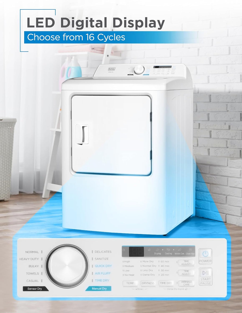 BLACK+DECKER 7.0 Cu. Ft. Front Load Dryer, Electric Clothes Dryer with LED Display and Dial Control, 5 Sensor and Manual Dry Selections, 240V, Requires Professional Installation, BLD67ME, White